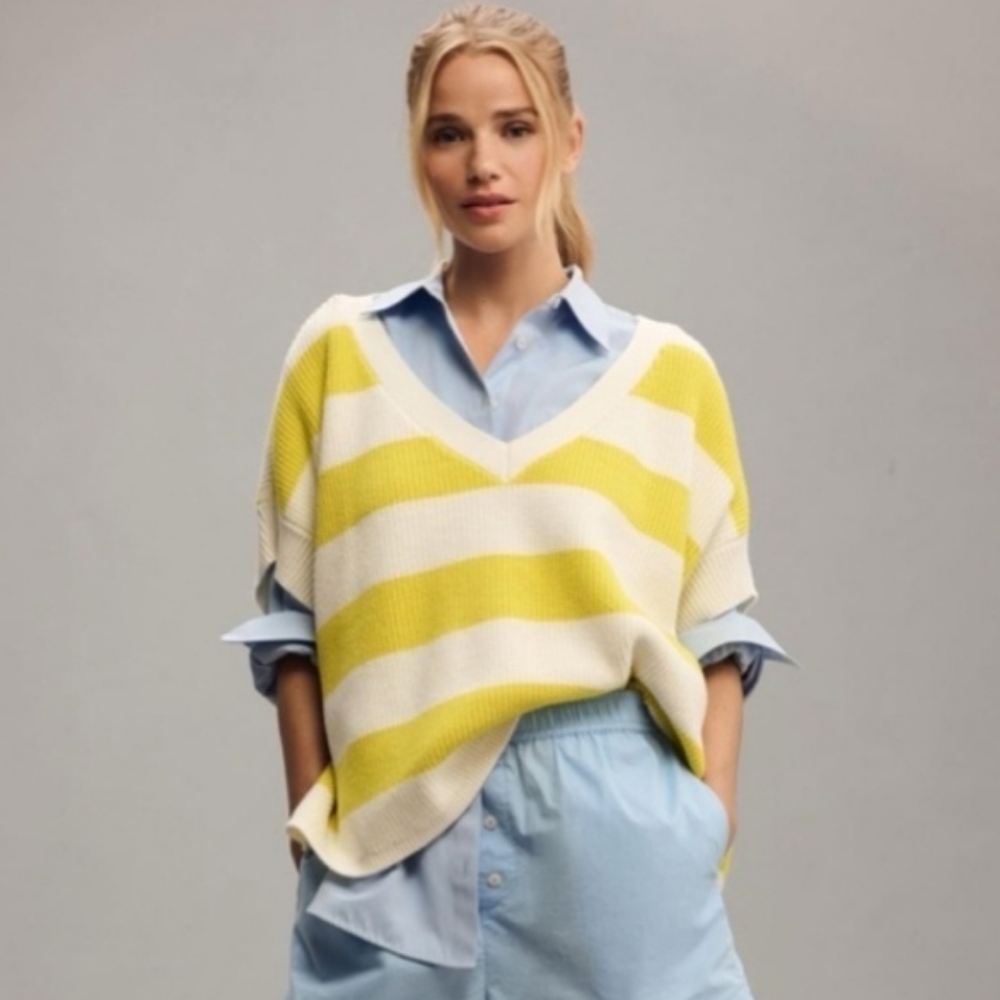 Anthropologie Maeve Oversized Striped V-Neck Sweater Vest in Chartreuse Size M - Picture 13 of 13